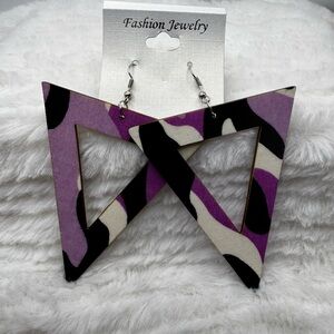 NOC Geometric Purple Camouflage Triangle Wooden Fabric Drop Earrings Lightweight